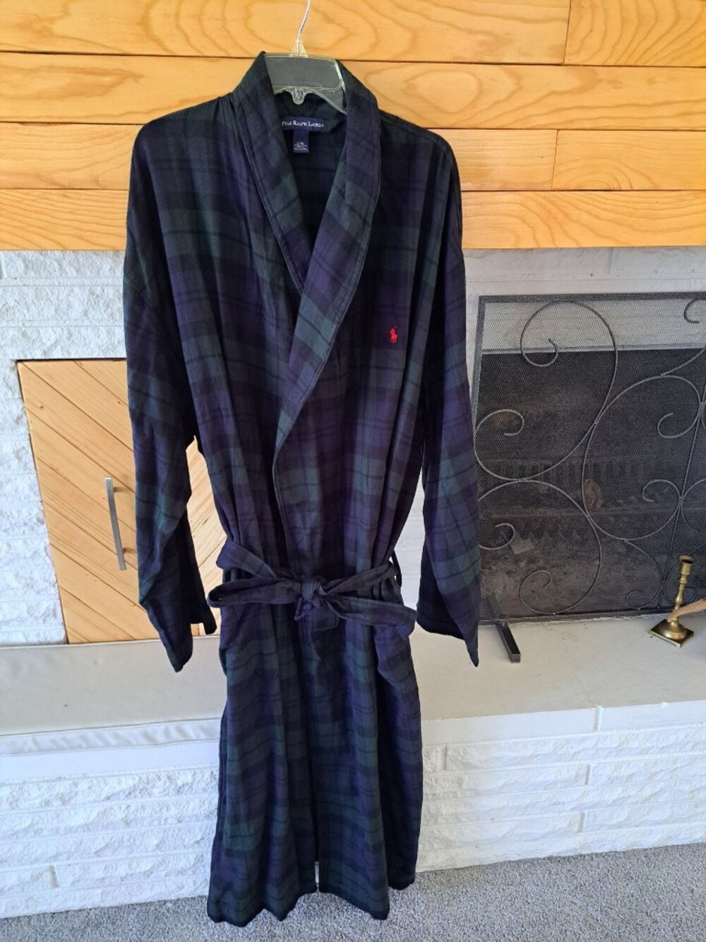 Polo Ralph Lauren Plaid Cotton Robe L/XL Green Navy Belted Long Sleeves Men's - Picture 2 of 9